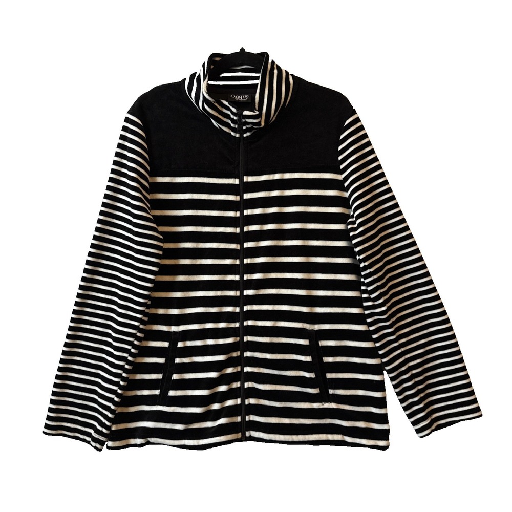 Onque Black White Striped Full Zip Soft Velour Mock Neck Jacket XL Nautical Chic